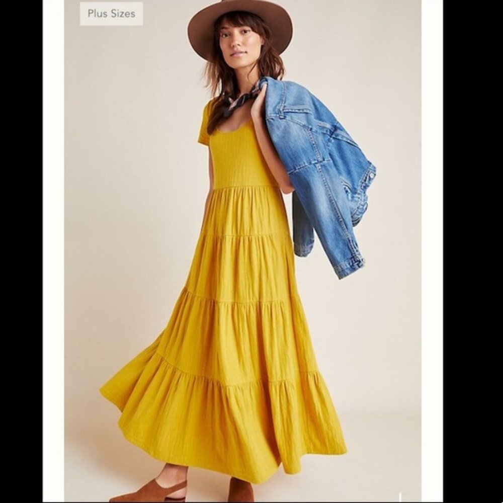 Anthropologie Maeve NEW Gillian Knit Tiered Maxi Dres Size M Mustard Yellow - Picture 2 of 14